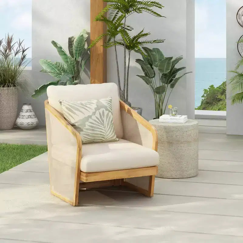 Whisen 1 Piece Outdoor Acacia Wood Club Chair, Patio Lounge Chair with Cushions