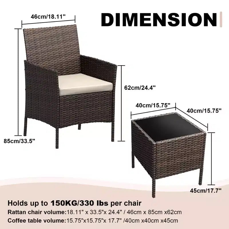 Ensemble de patio 3 pièces, salon de jardin en rotin PE avec 2 chaises et 1 table basse, mobilier d'extérieur pour patio, porche, balcon, bistrot