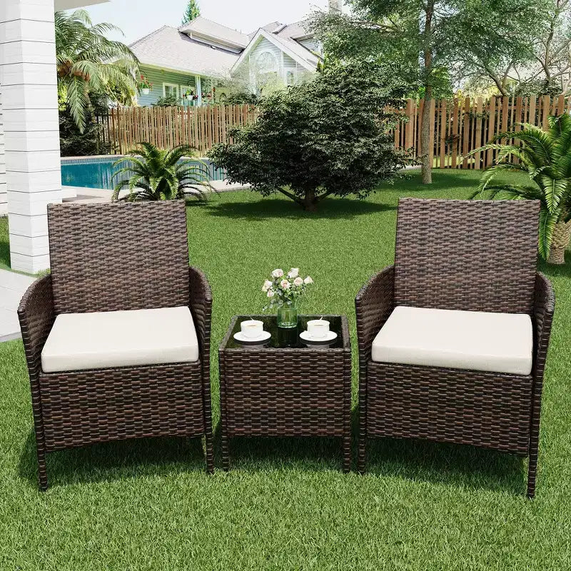Ensemble de patio 3 pièces, salon de jardin en rotin PE avec 2 chaises et 1 table basse, mobilier d'extérieur pour patio, porche, balcon, bistrot