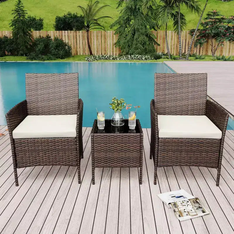 Ensemble de patio 3 pièces, salon de jardin en rotin PE avec 2 chaises et 1 table basse, mobilier d'extérieur pour patio, porche, balcon, bistrot