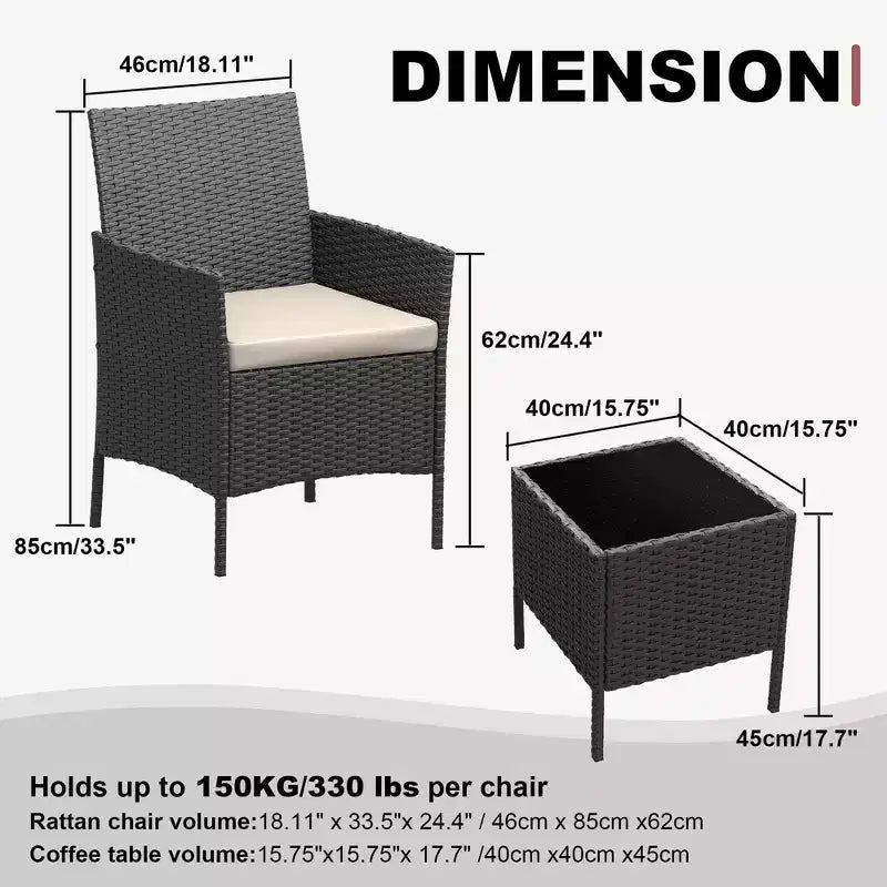 Ensemble de patio 3 pièces, salon de jardin en rotin PE avec 2 chaises et 1 table basse, mobilier d'extérieur pour patio, porche, balcon, bistrot