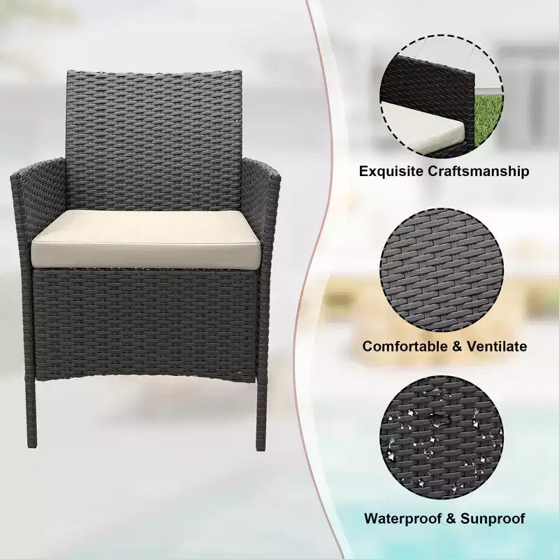 Ensemble de patio 3 pièces, salon de jardin en rotin PE avec 2 chaises et 1 table basse, mobilier d'extérieur pour patio, porche, balcon, bistrot