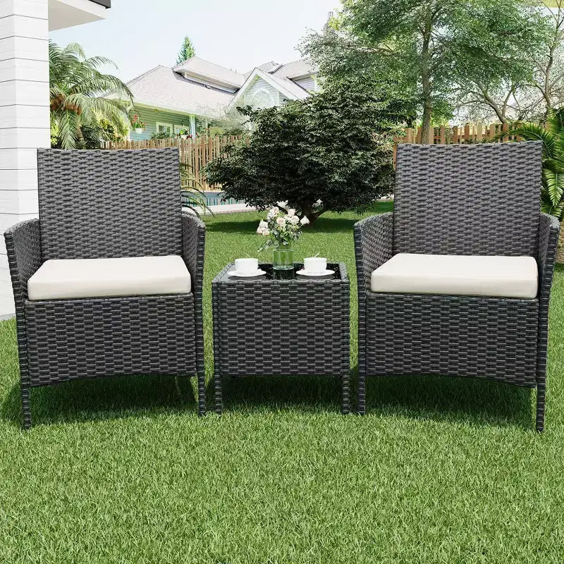Ensemble de patio 3 pièces, salon de jardin en rotin PE avec 2 chaises et 1 table basse, mobilier d'extérieur pour patio, porche, balcon, bistrot