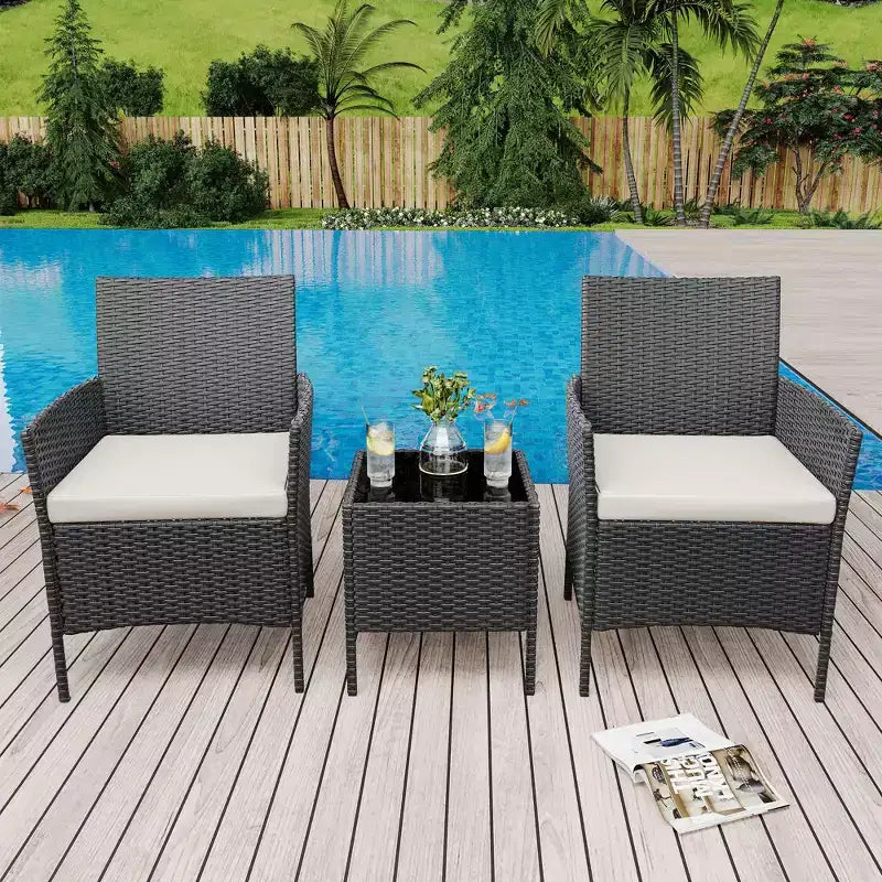 Ensemble de patio 3 pièces, salon de jardin en rotin PE avec 2 chaises et 1 table basse, mobilier d'extérieur pour patio, porche, balcon, bistrot