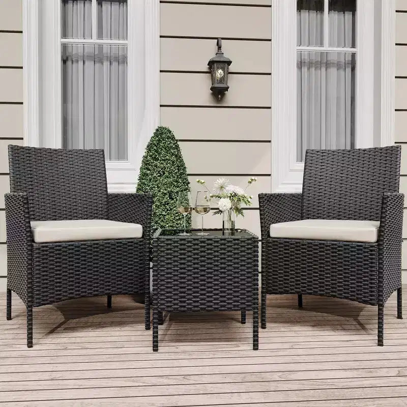 3 Piece Patio Set, PE Rattan Patio Conversation Set with 2 Chairs and 1 Coffee Table, Outdoor Patio Furniture Set for Patio Front Porch Balcony Bistro