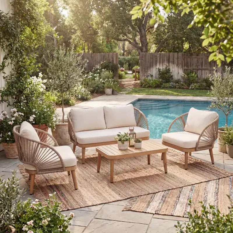 Christopher Knight Home Eadith Acacia Wood Outdoor Chat Set with Rope Accents and Slatted Table