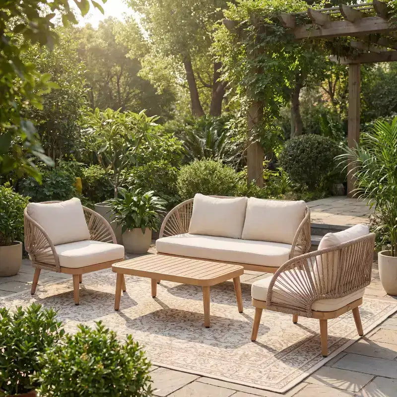 Christopher Knight Home Eadith Ensemble de conversation d'extérieur en bois d'acacia avec accents de corde et table à lattes