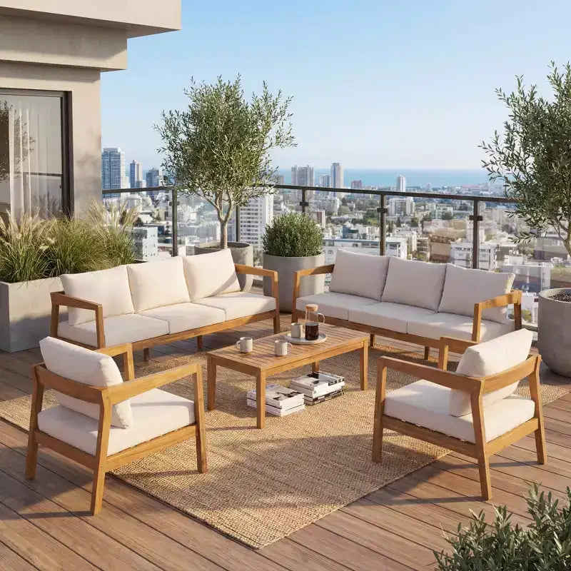 Christopher Knight Home Phichai Modern 5 Piece Acacia Wood Patio Seating Set with Cushions and Slatted Table