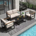 4-Piece Modern Outdoor Conversation Set, Metal Patio Furniture with Wood Accent Arms, Beige Cushions and Coffee Table for Backyard, Poolside, Deck