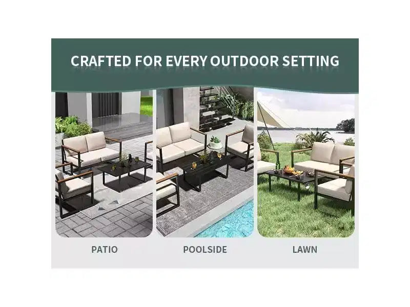 Ensemble de conversation moderne d'extérieur 4 pièces, mobilier de patio en métal avec accoudoirs en bois, coussins beiges et table basse pour jardin, bord de piscine, terrasse
