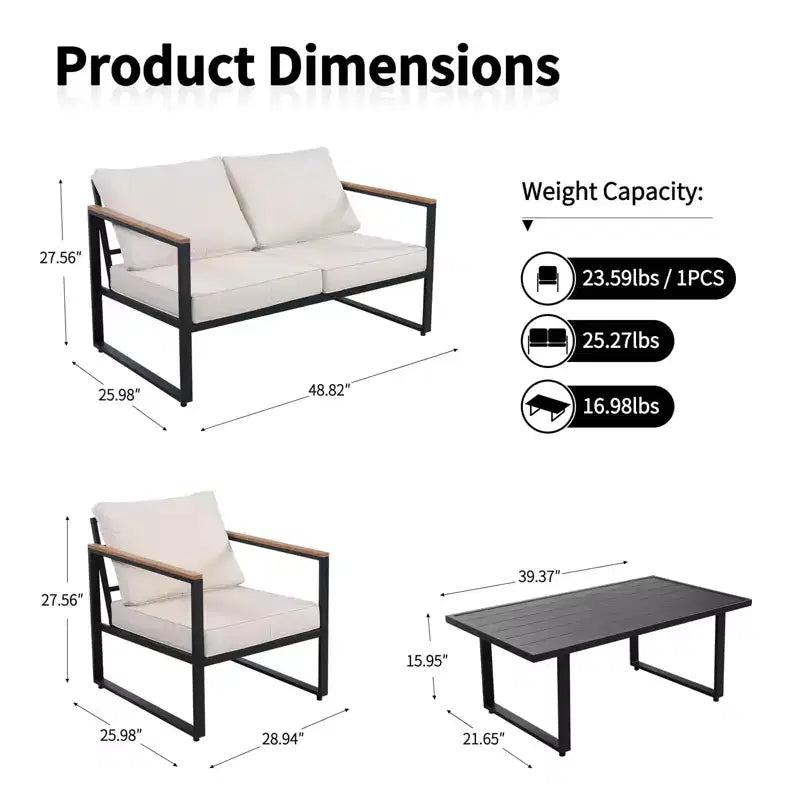 Ensemble de conversation moderne d'extérieur 4 pièces, mobilier de patio en métal avec accoudoirs en bois, coussins beiges et table basse pour jardin, bord de piscine, terrasse