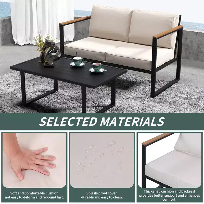 Ensemble de conversation moderne d'extérieur 4 pièces, mobilier de patio en métal avec accoudoirs en bois, coussins beiges et table basse pour jardin, bord de piscine, terrasse