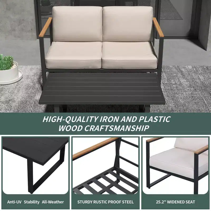 Ensemble de conversation moderne d'extérieur 4 pièces, mobilier de patio en métal avec accoudoirs en bois, coussins beiges et table basse pour jardin, bord de piscine, terrasse