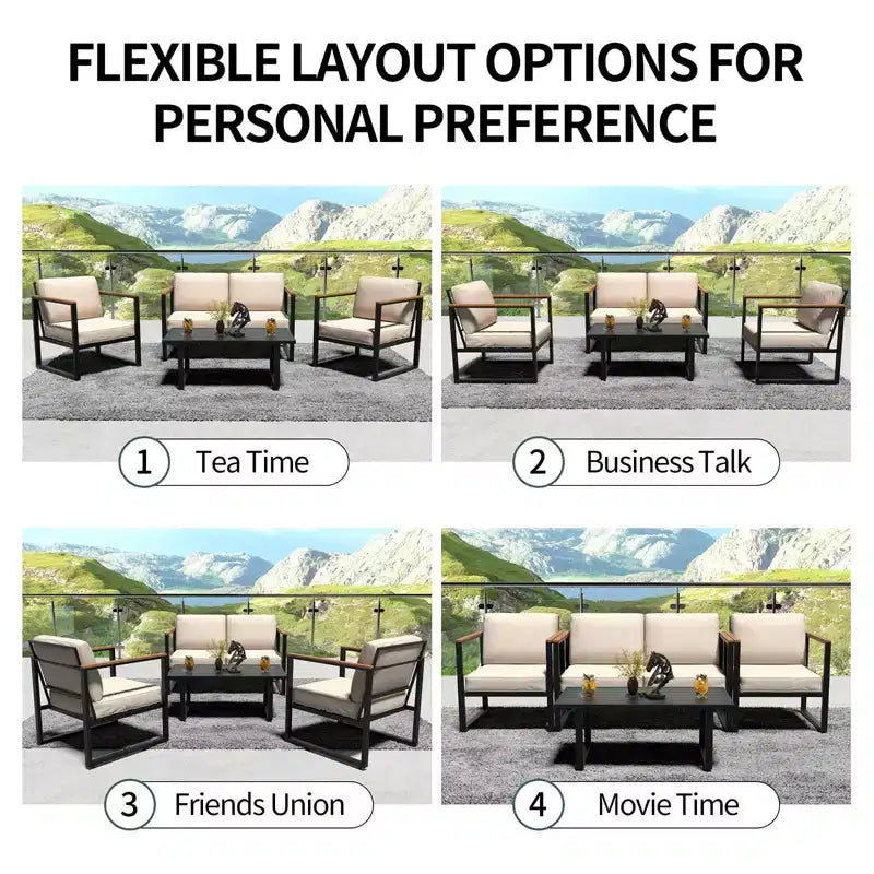 Ensemble de conversation moderne d'extérieur 4 pièces, mobilier de patio en métal avec accoudoirs en bois, coussins beiges et table basse pour jardin, bord de piscine, terrasse