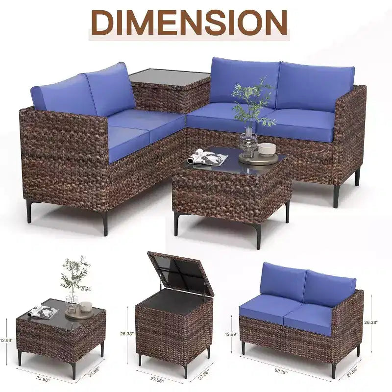 Ensemble de conversation extérieur 5 pièces en osier, salon de jardin modulable en rotin PE tout temps avec coussins, 2 causeuses, table d'appoint pour jardin