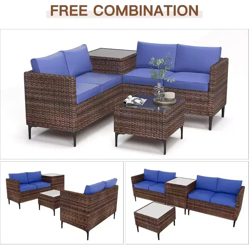 Ensemble de conversation extérieur 5 pièces en osier, salon de jardin modulable en rotin PE tout temps avec coussins, 2 causeuses, table d'appoint pour jardin