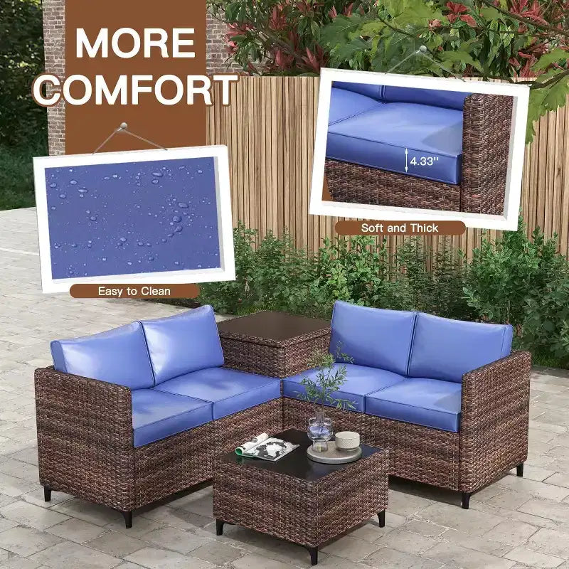 Ensemble de conversation extérieur 5 pièces en osier, salon de jardin modulable en rotin PE tout temps avec coussins, 2 causeuses, table d'appoint pour jardin