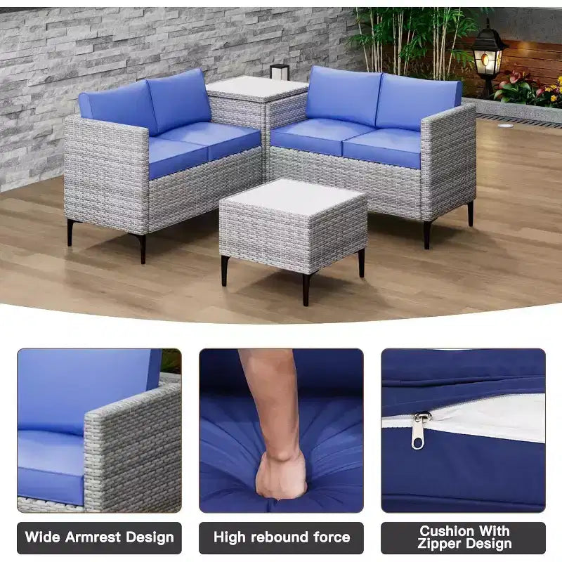 Ensemble de conversation extérieur 5 pièces en osier, salon de jardin modulable en rotin PE tout temps avec coussins, 2 causeuses, table d'appoint pour jardin
