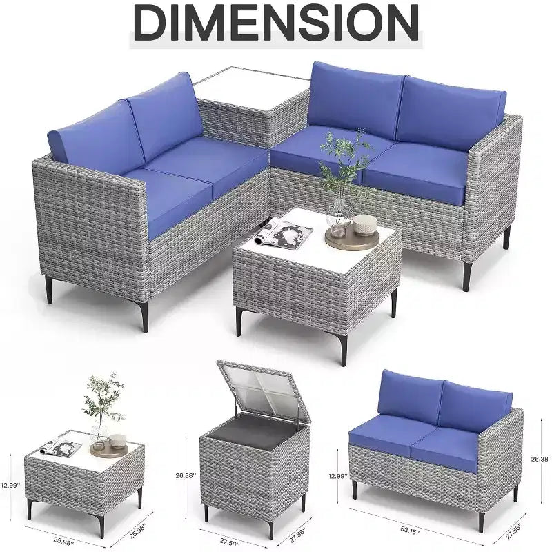Ensemble de conversation extérieur 5 pièces en osier, salon de jardin modulable en rotin PE tout temps avec coussins, 2 causeuses, table d'appoint pour jardin