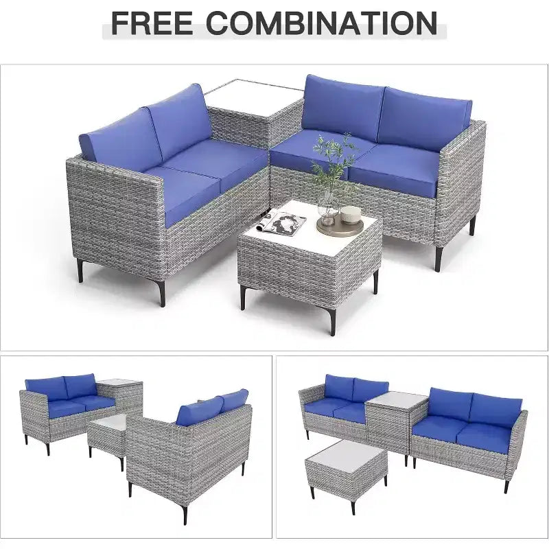 Ensemble de conversation extérieur 5 pièces en osier, salon de jardin modulable en rotin PE tout temps avec coussins, 2 causeuses, table d'appoint pour jardin