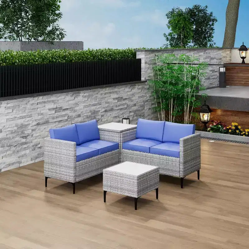 Ensemble de conversation extérieur 5 pièces en osier, salon de jardin modulable en rotin PE tout temps avec coussins, 2 causeuses, table d'appoint pour jardin