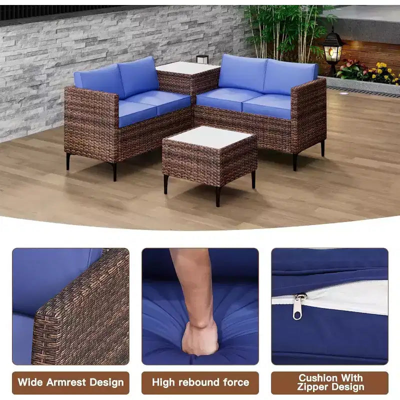 Ensemble de conversation extérieur 5 pièces en osier, salon de jardin modulable en rotin PE tout temps avec coussins, 2 causeuses, table d'appoint pour jardin