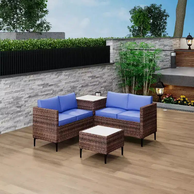 Ensemble de conversation extérieur 5 pièces en osier, salon de jardin modulable en rotin PE tout temps avec coussins, 2 causeuses, table d'appoint pour jardin