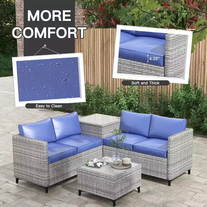 Ensemble de conversation extérieur 5 pièces en osier, salon de jardin modulable en rotin PE tout temps avec coussins, 2 causeuses, table d'appoint pour jardin