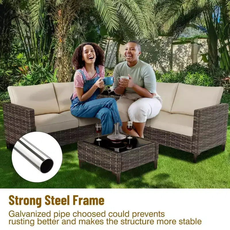 Ensemble de conversation extérieur 5 pièces en osier, salon de jardin modulable en rotin PE tout temps avec coussins, 2 causeuses, table d'appoint pour jardin