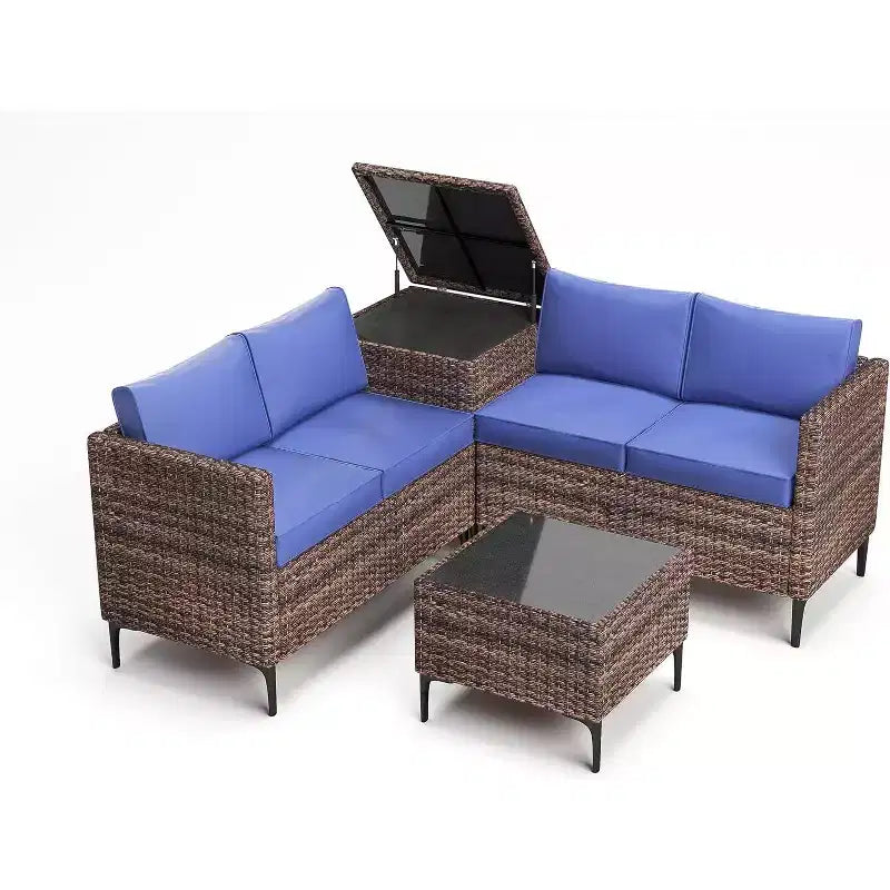 Ensemble de conversation extérieur 5 pièces en osier, salon de jardin modulable en rotin PE tout temps avec coussins, 2 causeuses, table d'appoint pour jardin