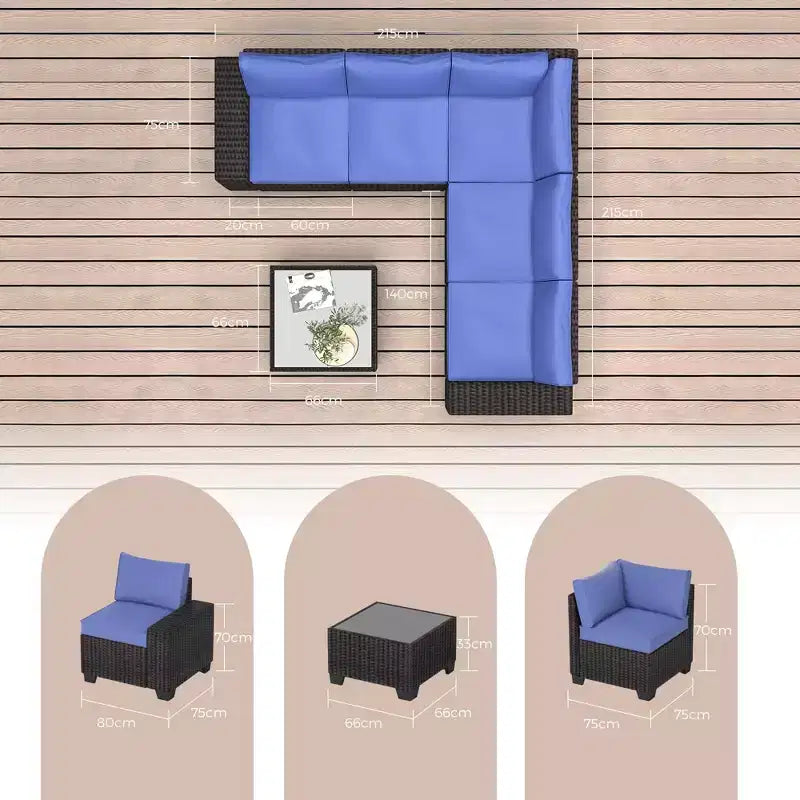 Ensemble de canapé sectionnel d'extérieur en rotin 6 pièces avec table basse, salon de patio tout temps avec coussins épais pour jardin, porche, balcon