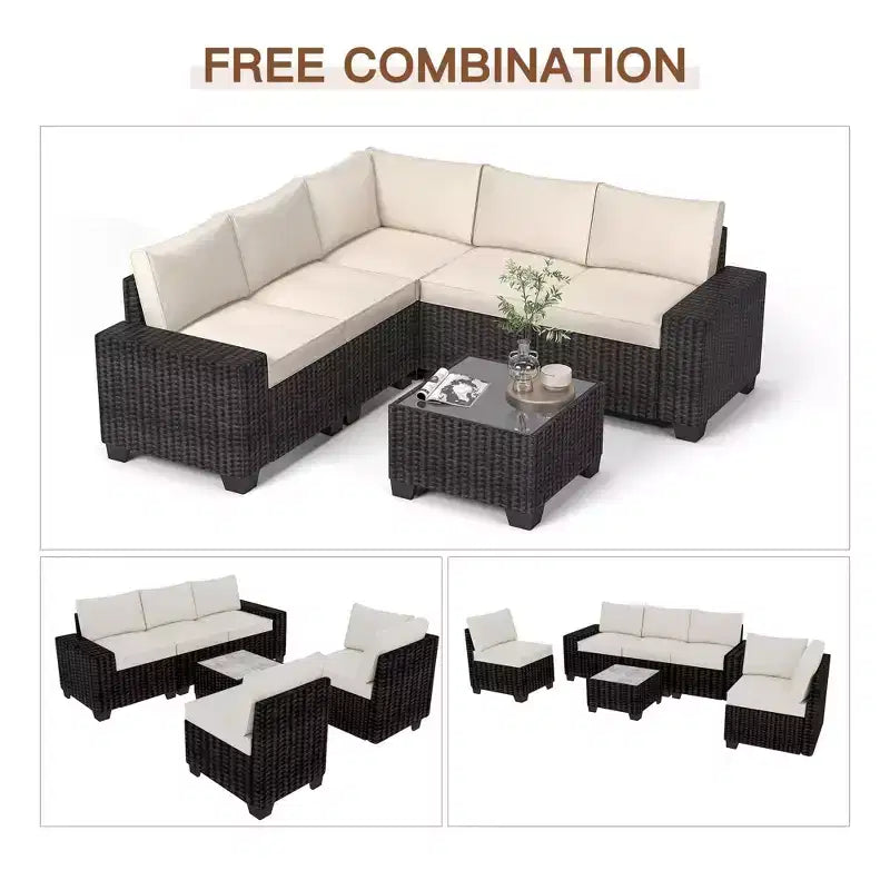 Ensemble de canapé sectionnel d'extérieur en rotin 6 pièces avec table basse, salon de patio tout temps avec coussins épais pour jardin, porche, balcon
