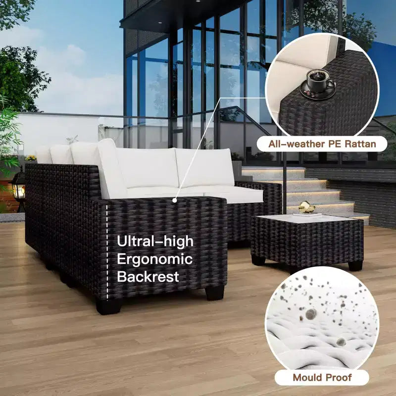 Ensemble de canapé sectionnel d'extérieur en rotin 6 pièces avec table basse, salon de patio tout temps avec coussins épais pour jardin, porche, balcon