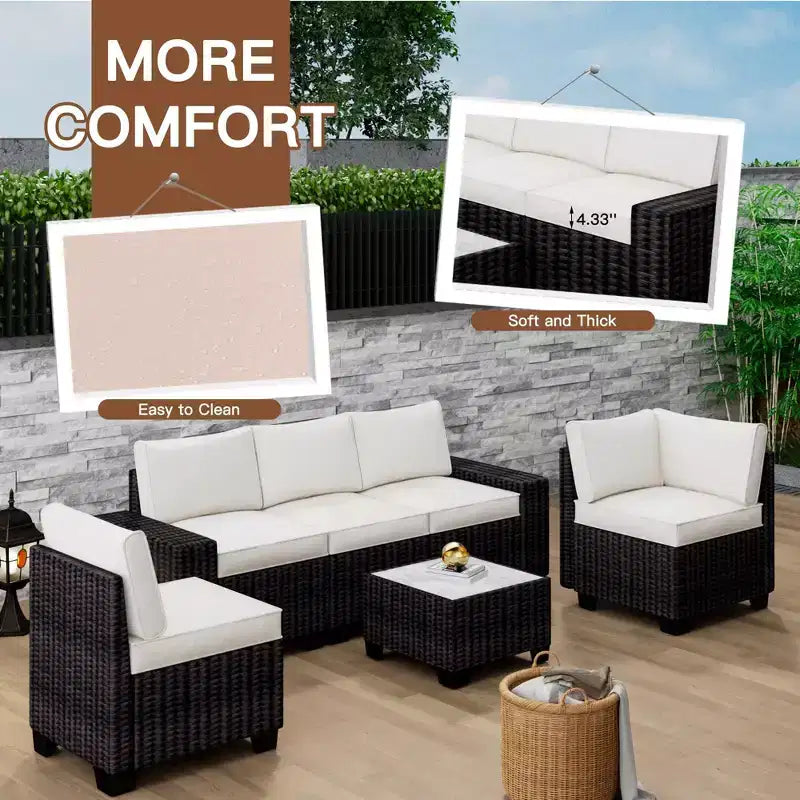 Ensemble de canapé sectionnel d'extérieur en rotin 6 pièces avec table basse, salon de patio tout temps avec coussins épais pour jardin, porche, balcon