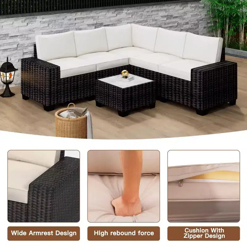 Ensemble de canapé sectionnel d'extérieur en rotin 6 pièces avec table basse, salon de patio tout temps avec coussins épais pour jardin, porche, balcon