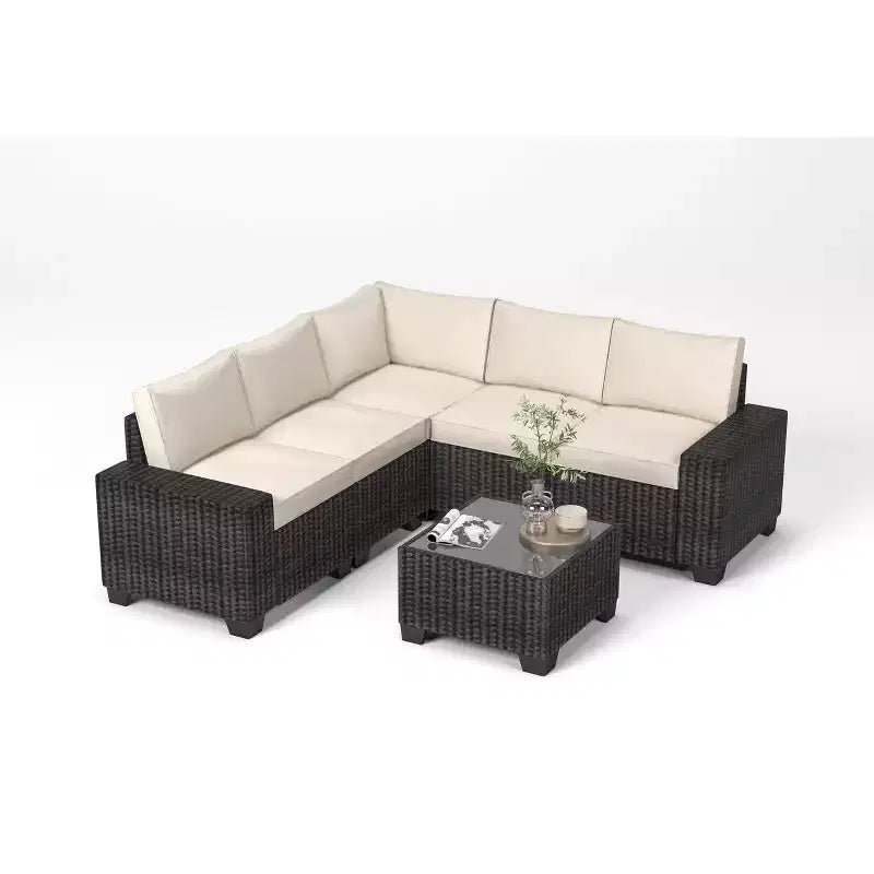 Ensemble de canapé sectionnel d'extérieur en rotin 6 pièces avec table basse, salon de patio tout temps avec coussins épais pour jardin, porche, balcon