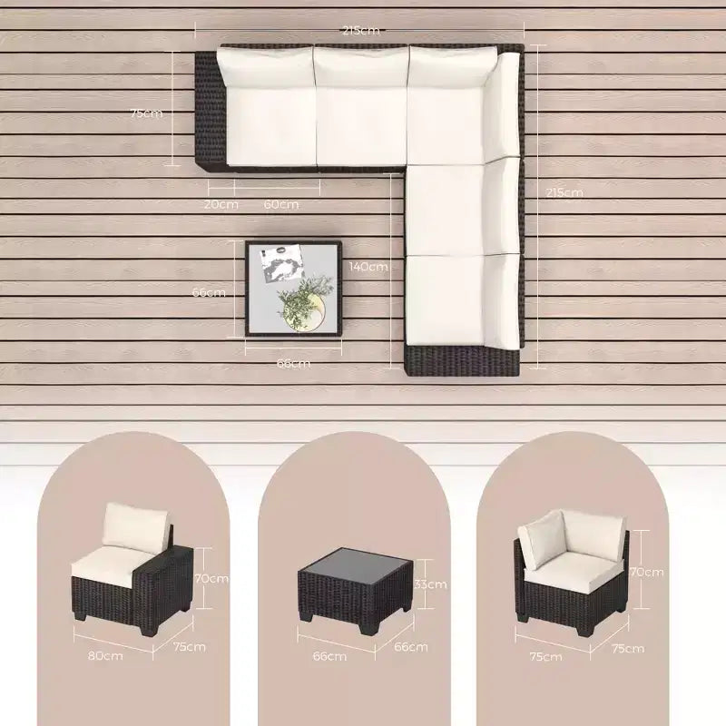 Ensemble de canapé sectionnel d'extérieur en rotin 6 pièces avec table basse, salon de patio tout temps avec coussins épais pour jardin, porche, balcon
