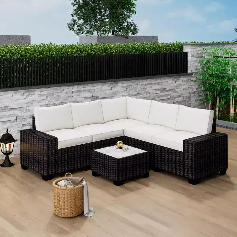 6-Piece Outdoor Wicker Sectional Sofa Set with Coffee Table, All-Weather Patio Conversation Set with Thick Cushions for Backyard, Porch, Balcony