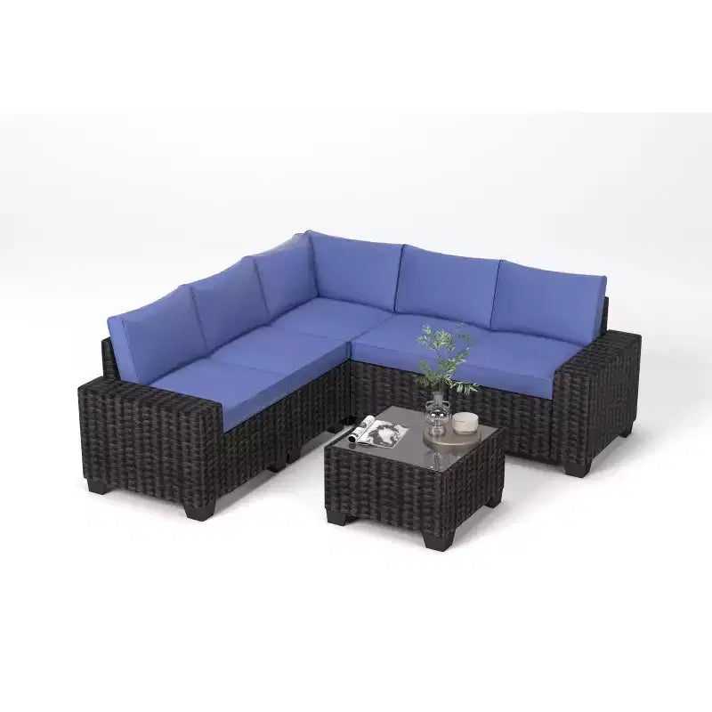 Ensemble de canapé sectionnel d'extérieur en rotin 6 pièces avec table basse, salon de patio tout temps avec coussins épais pour jardin, porche, balcon