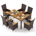 Costway 7 PCS Outdoor Patio Wicker Armchairs Acacia Wood Table with Umbrella Hole, Cushions