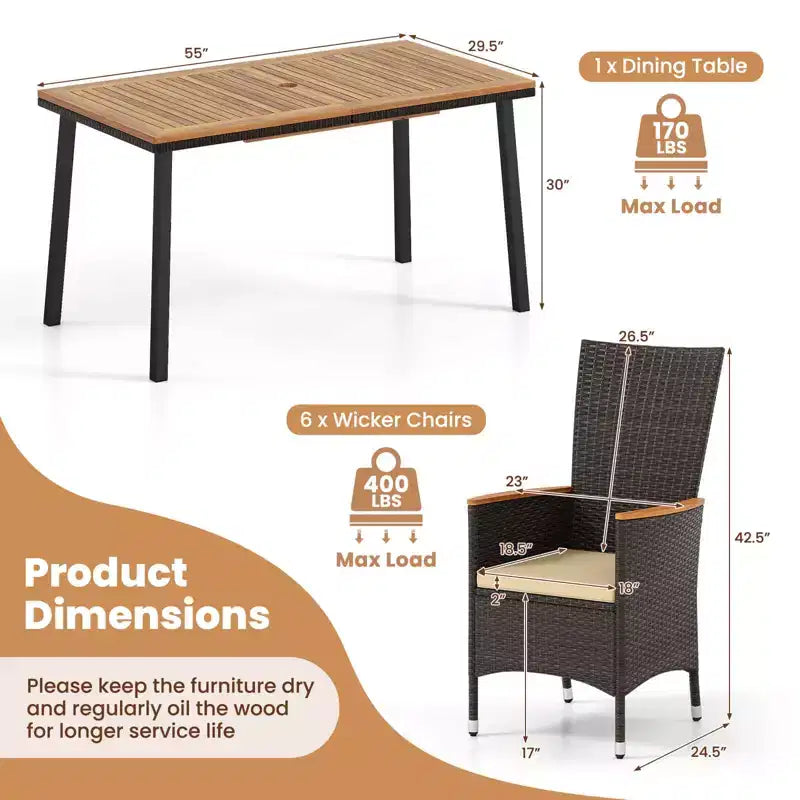 Costway Ensemble de 7 chaises de salle à manger d'extérieur en rotin avec table en bois d'acacia et trou pour parasol, coussins inclus