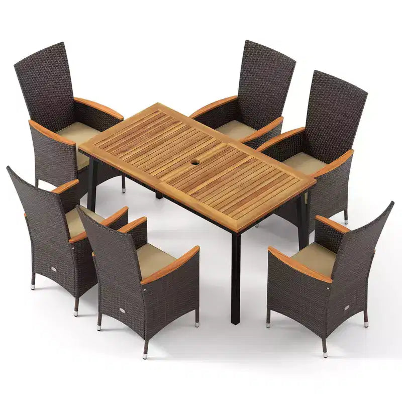 Costway Ensemble de 7 chaises de salle à manger d'extérieur en rotin avec table en bois d'acacia et trou pour parasol, coussins inclus