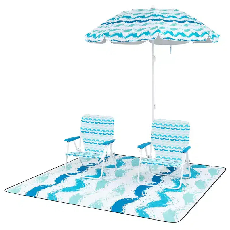 Costway Ensemble parasol de plage 4 pièces avec 2 chaises pliantes et couverture de pique-nique, mécanisme d'inclinaison bleu/rose