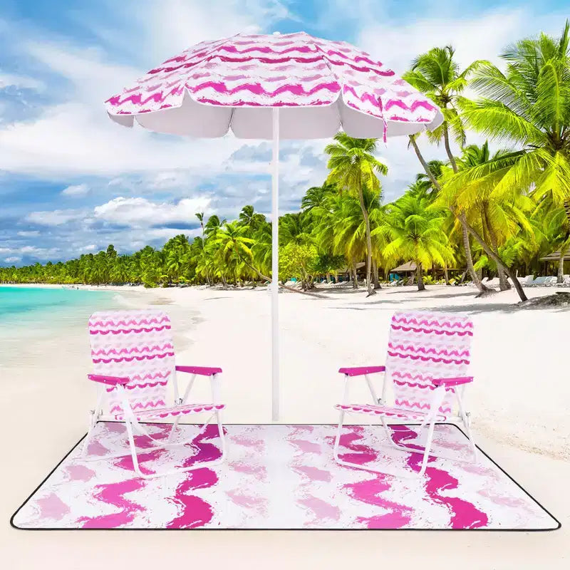 Costway Ensemble parasol de plage 4 pièces avec 2 chaises pliantes et couverture de pique-nique, mécanisme d'inclinaison bleu/rose