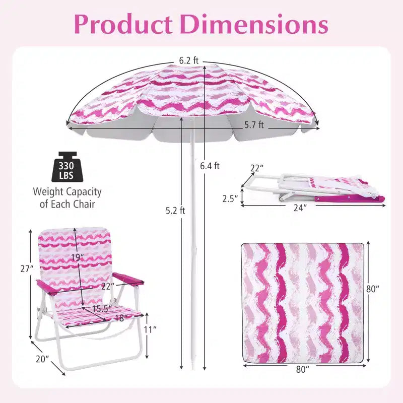 Costway Ensemble parasol de plage 4 pièces avec 2 chaises pliantes et couverture de pique-nique, mécanisme d'inclinaison bleu/rose