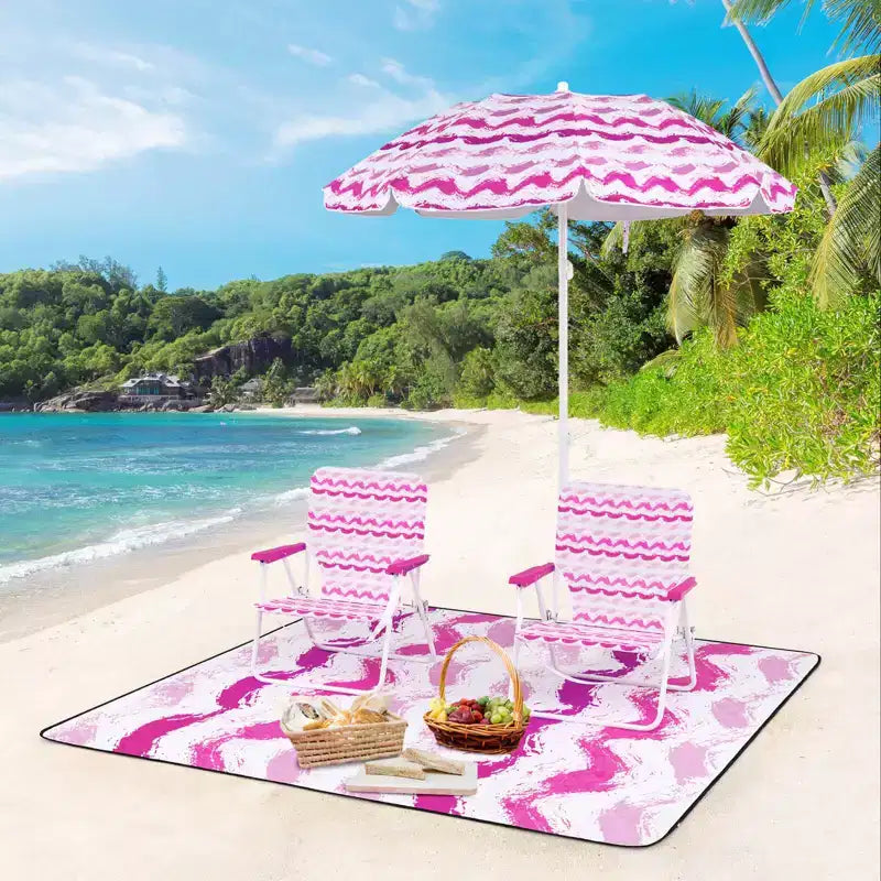 Costway Ensemble parasol de plage 4 pièces avec 2 chaises pliantes et couverture de pique-nique, mécanisme d'inclinaison bleu/rose