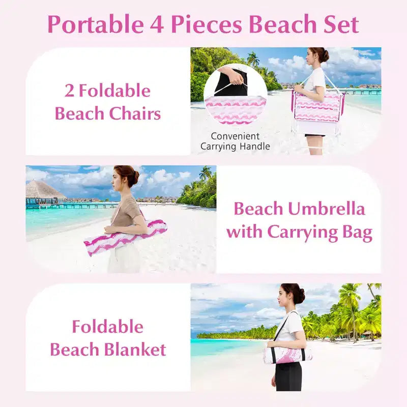Costway Ensemble parasol de plage 4 pièces avec 2 chaises pliantes et couverture de pique-nique, mécanisme d'inclinaison bleu/rose
