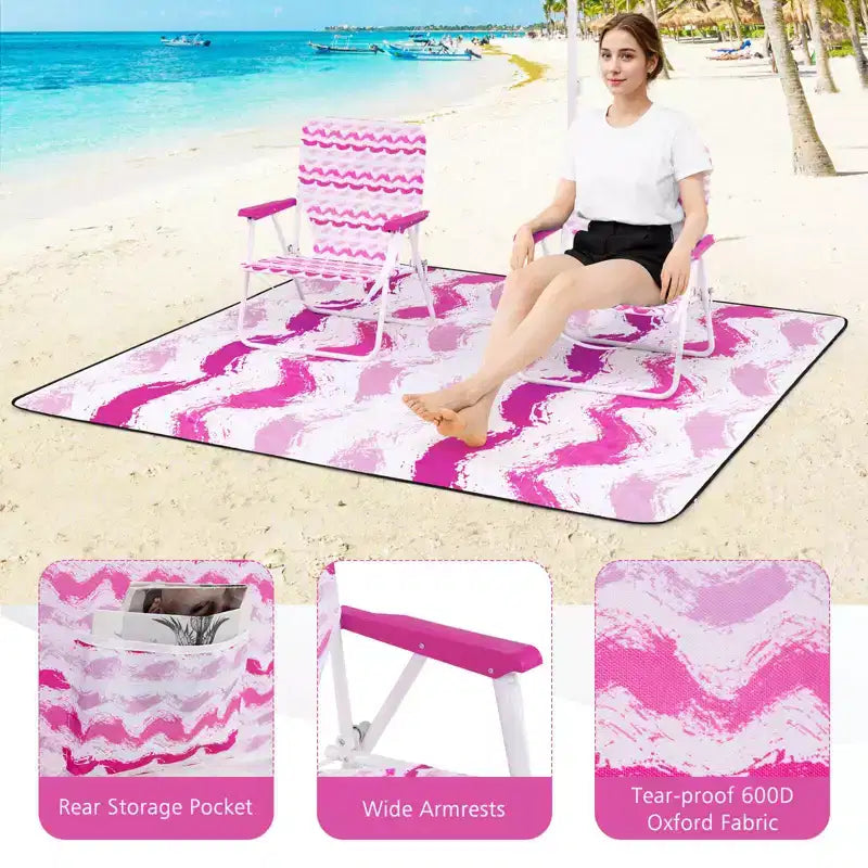 Costway Ensemble parasol de plage 4 pièces avec 2 chaises pliantes et couverture de pique-nique, mécanisme d'inclinaison bleu/rose