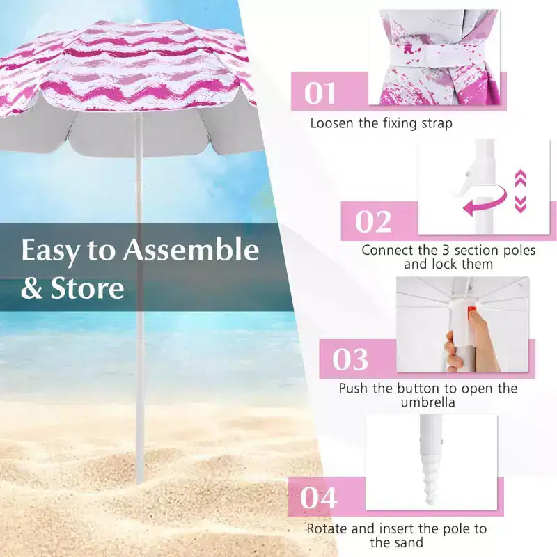 Costway Ensemble parasol de plage 4 pièces avec 2 chaises pliantes et couverture de pique-nique, mécanisme d'inclinaison bleu/rose