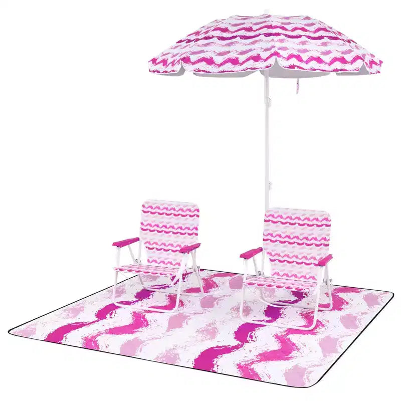 Costway Ensemble parasol de plage 4 pièces avec 2 chaises pliantes et couverture de pique-nique, mécanisme d'inclinaison bleu/rose
